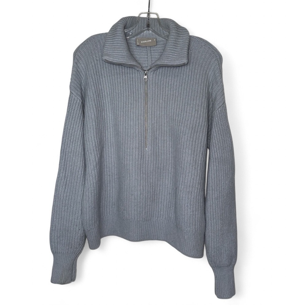 Everlane Womens M 100% Wool Half Zip Sweater Silver Blue Gray Chunky Ribbed